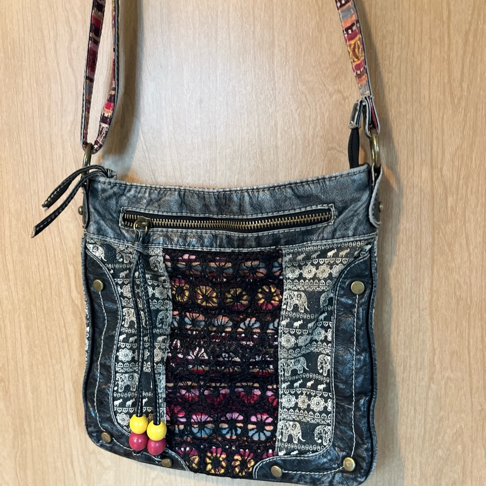 Cross Body Bag Purse Boho Elephants Cotton Canvas beads zipper tapestry